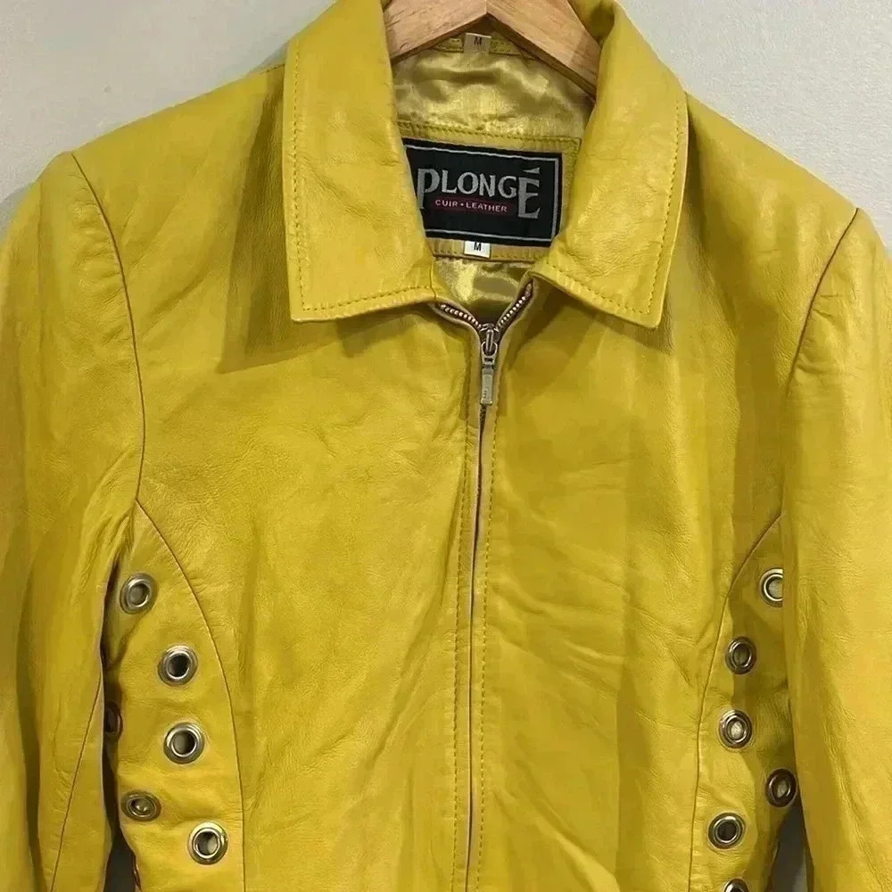 [M]Vintage  PLONGE Yellow Leather Cropped Women Jacket with Eyelet around Waist - Picture 2 of 13